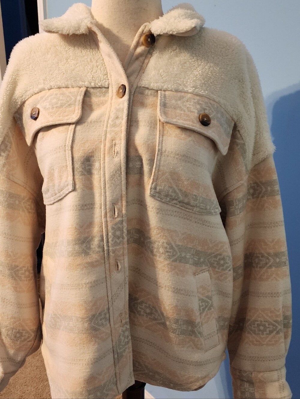 Women's Cream Sherpa Collared Shacket with Subtle Pattern